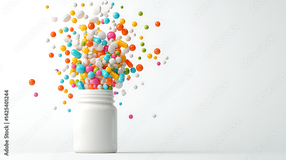 Poster colorful bubbles erupting from white jar studio setting creative visuals minimalist background dynam
