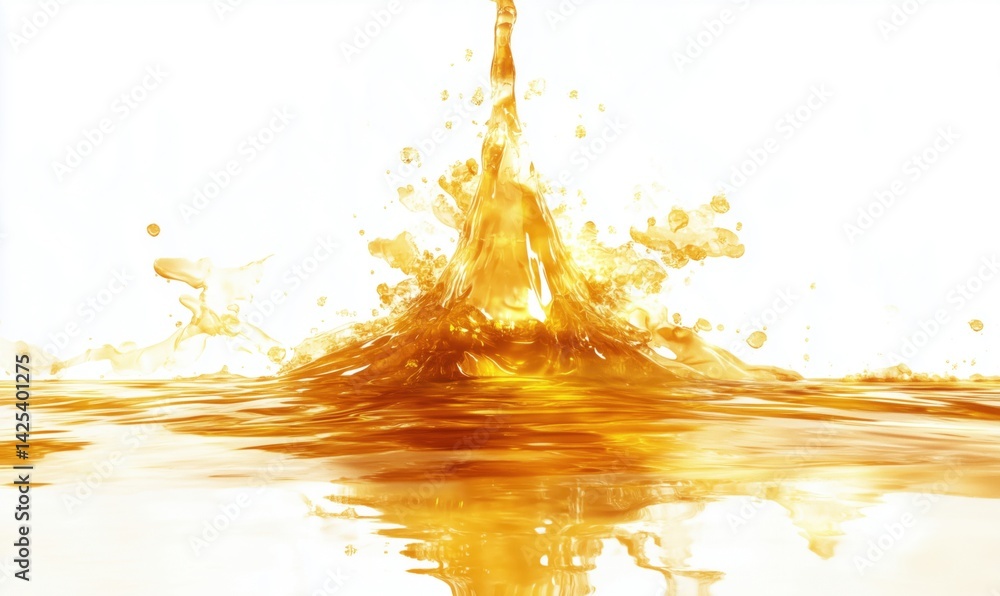 Poster golden liquid splash creating dynamic water patterns against white background