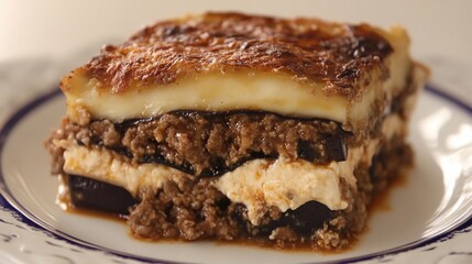 Greek eggplant casserole. Layers of eggplant, ground meat, and cheese