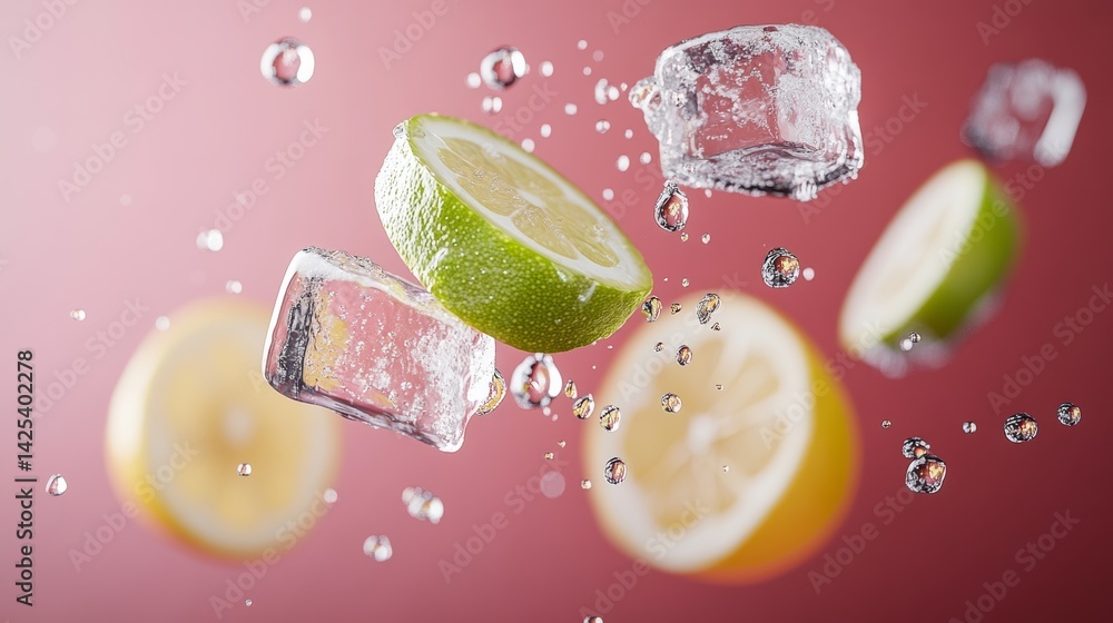 Aufkleber close up of a lime and a lemon with ice cubes in the middle. the lime and lemon are floating in the 