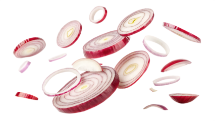 onion slices flying isolated on white background PNG. AI GENERATED