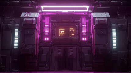 Obraz premium Futuristic sci fi interior with neon lights and digital display, creating high tech and mysterious atmosphere. dark metallic walls enhance vibrant glow