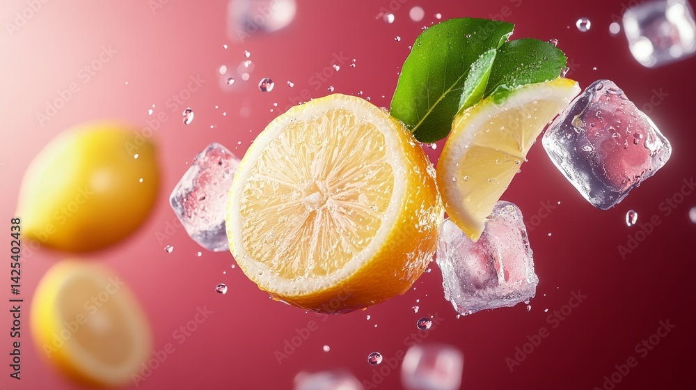 Poster close up of a lemon and a lime with ice cubes in the background. concept of freshness and coolness, 