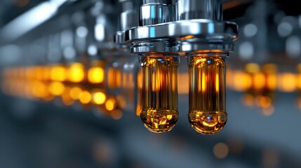 Industrial Liquid Processing.  Two tubes filled with amber liquid, suspended in a metallic pipeline system.  Brightly lit, focusing on the tubes and their contents