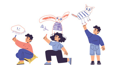 Children Drawing on Wall with Colorful Crayons Vector Illustration