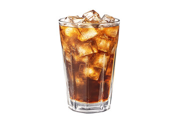 A refreshing glass of cola, perfectly chilled with ice cubes, offering a moment of pure refreshment on a hot summer day against a bright white background.