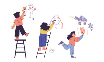 Children Drawing on Wall with Colorful Crayons Vector Illustration
