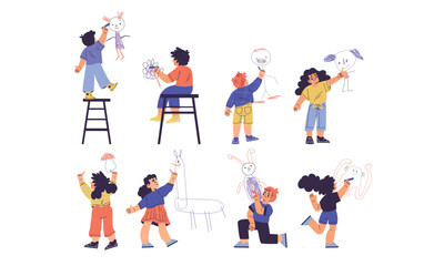 Children Drawing on Wall with Colorful Crayons Vector Illustration