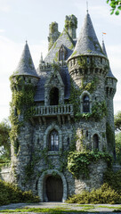 massive fantasy castle with turrets and towers covered in lush green ivy, creating mystical and enchanting atmosphere. stone structure stands majestically