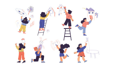 Children Drawing on Wall with Colorful Crayons Vector Illustration