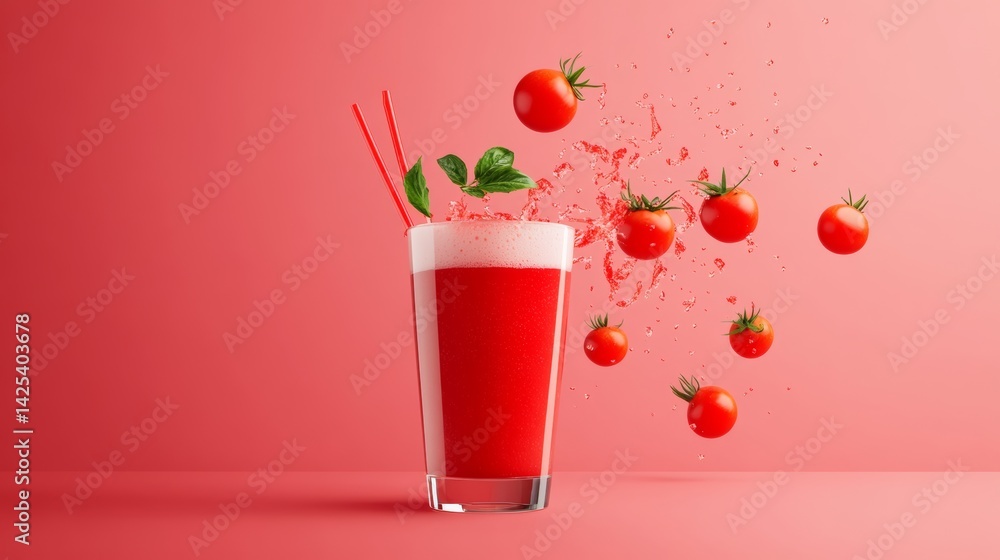 Aufkleber glass of red juice with a straw and tomato slices floating in it. the juice is red and the tomatoes 
