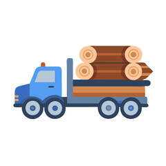 Blue logging truck carrying logs, flat vector illustration