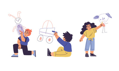 Children Drawing on Wall with Colorful Crayons Vector Illustration