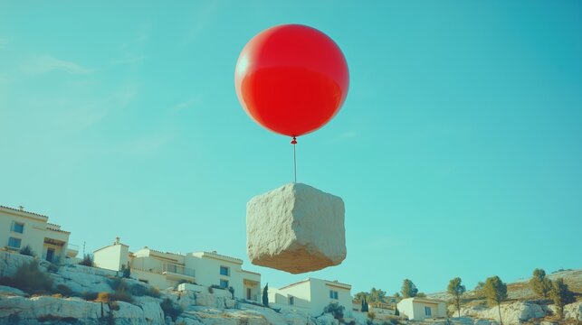 Red balloon lifting stone cube above hillside homes in sunny clear sky