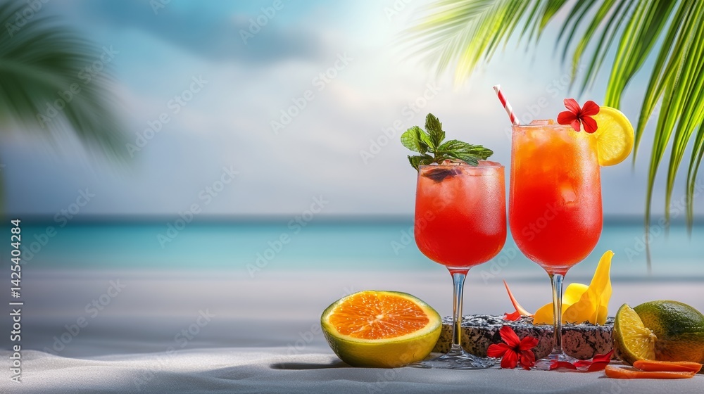 Poster two glasses of red cocktails with a slice of orange in between them. the scene is set on a beach wit