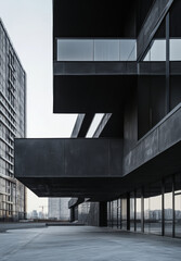 Fototapeta premium Modern architectural design featuring sleek, dark facades and large glass windows, creating striking contrast against urban skyline. geometric lines and minimalist style evoke sense