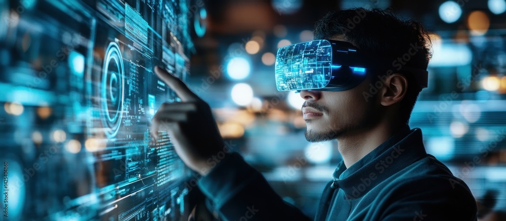 Poster exploring the metaverse: a man interacts with a virtual reality interface