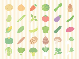 かわいい野菜アイコンセット・30種類のカラフルなフラットイラスト