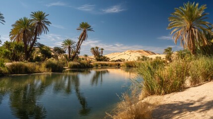 Obraz premium Tranquil oasis with palm trees reflecting in a serene pond, symbolizing peace and natural beauty. Ideal for travel brochures, nature documentaries, and relaxation guides.