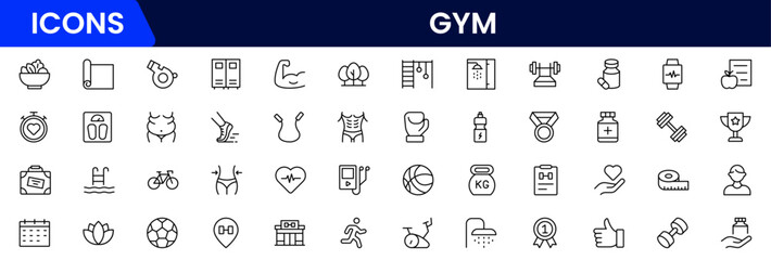 Gym and fitness icon set. It contains healthy lifestyle, weight training, body care, and workout or exercise equipment icons. Vector illustration web line icon collection  © oneflock