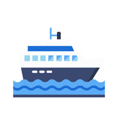 Cartoon Ship on Water Illustration in Blue and White