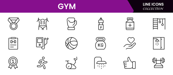 Gym and fitness icon set. It contains healthy lifestyle, weight training, body care, and workout or exercise equipment icons. Vector illustration web line icon collection 