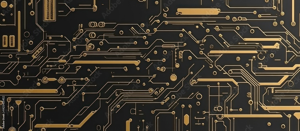 Poster sophisticated technology circuit board with golden paths and connections layout