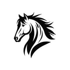 Vector Stylized Black Silhouette of Horse Head with Flowing Mane on White Background