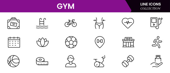 Gym and fitness icon set. It contains healthy lifestyle, weight training, body care, and workout or exercise equipment icons. Vector illustration web line icon collection 