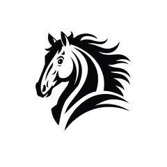 Dynamic Black Silhouette of Horse Head Vector with Flowing Mane and Expressive Features on White Background