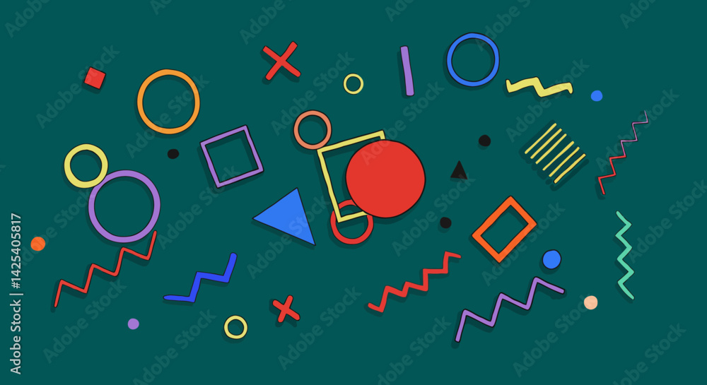 Poster a teal canvas speckled with whimsical shapes like circles zigzags and squares creating a vibrant abs