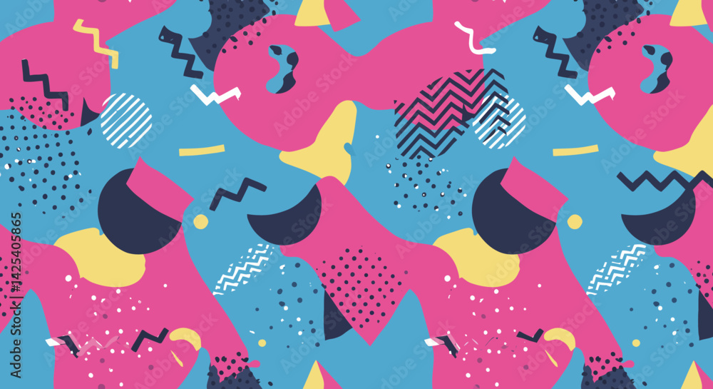 Poster A vibrant abstract pattern of shapes and textures in retro colors creating a playful aesthetic