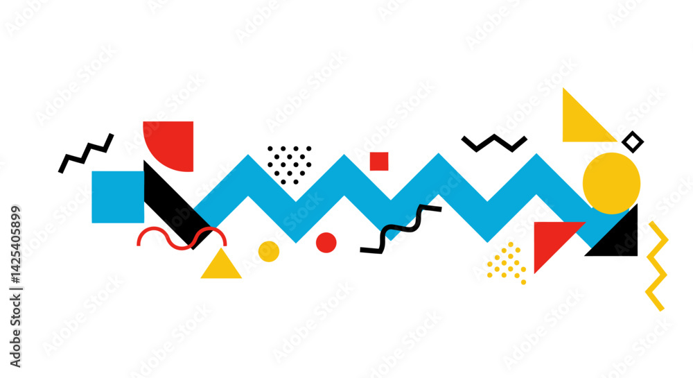 Poster a vibrant geometric design with angular and rounded shapes in bold colors arranged on a white backgr