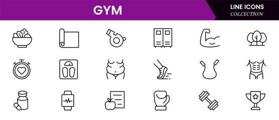 Gym and fitness icon set. It contains healthy lifestyle, weight training, body care, and workout or exercise equipment icons. Vector illustration web line icon collection 