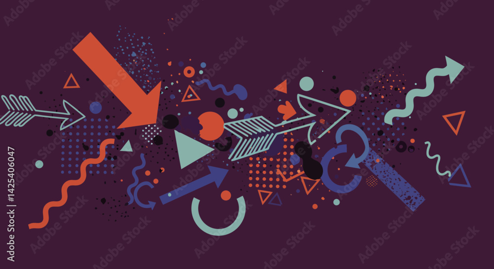 Poster abstract arrows shapes and patterns explode against a dark purple backdrop suggesting movement and e