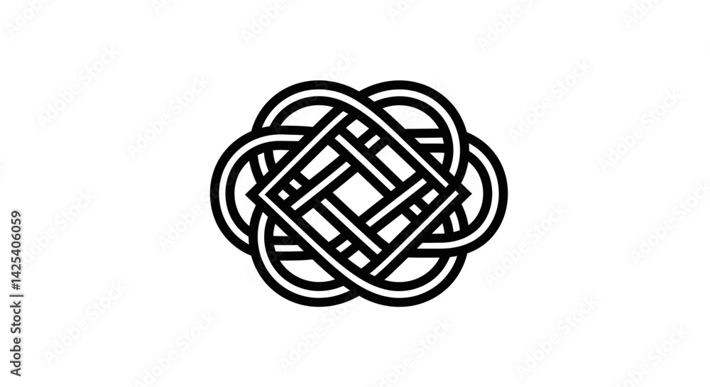 Poster a woven knot design black lines intertwining to form a complex abstract shape on white