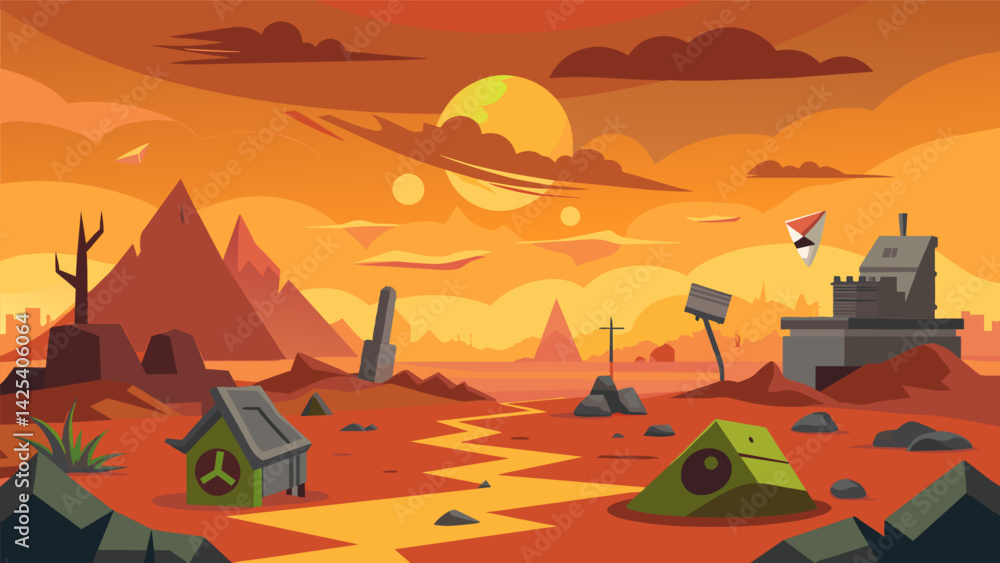Aufkleber a postapocalyptic wasteland littered with the remains of failed attempts to disable the doomsday dev