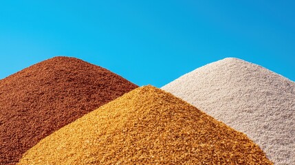 Colorful Mounds of Granular Powder on Bright Blue Sky, Representing Various Natural Ingredients and Textures