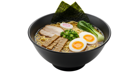 Serving of Tasty Ramen Noodle Soup with Egg and Vegetables