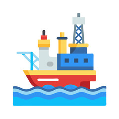 Offshore oil rig cartoon icon, ship on water