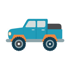 Cartoon blue pickup truck on black background illustration