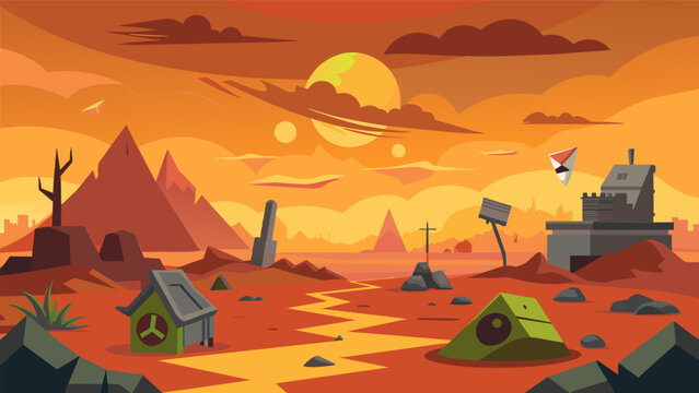 A postapocalyptic wasteland littered with the remains of failed attempts to disable the doomsday device now serving as a warning to future.