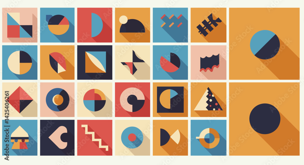 Poster abstract geometrical shapes in vibrant colors arranged in a grid with shadows