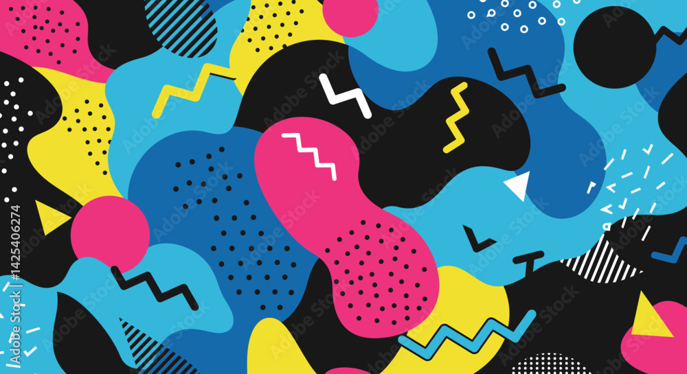 Poster abstract memphisstyle background of vivid colors with floating shapes and designs