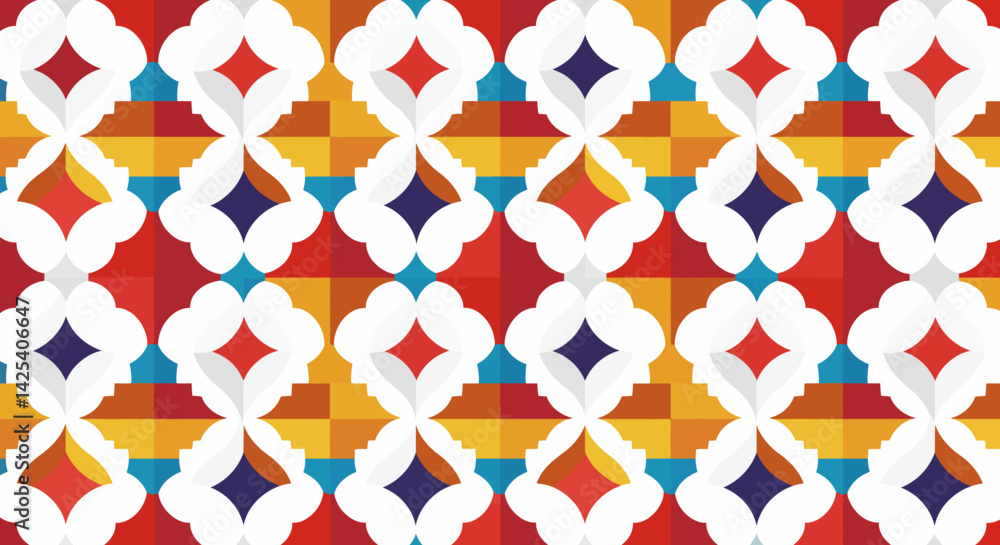 Poster colorful geometric pattern of repeating stylized quatrefoils and diamonds in an abstract composition