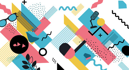 Geometric abstraction with sunglasses microphone and shapes in vibrant colors