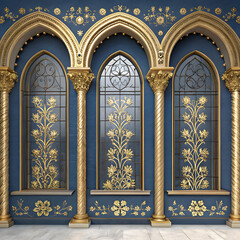 Ornate Gothic Architectural Facade with Golden Floral Arches and Blue Background Design