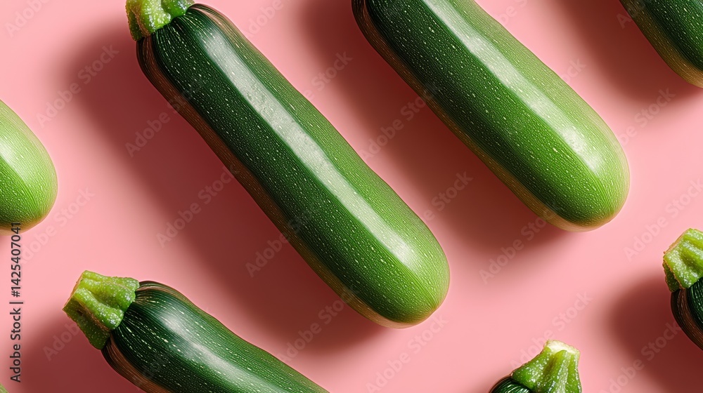 Aufkleber row of green zucchini on a pink background. the zucchini are all different sizes and are arranged in