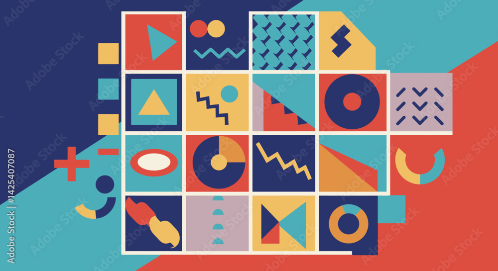 Poster geometric shapes in a colorful abstract design squares and other shapes