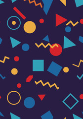 Geometric shapes in various colors scattered on a dark purple background
